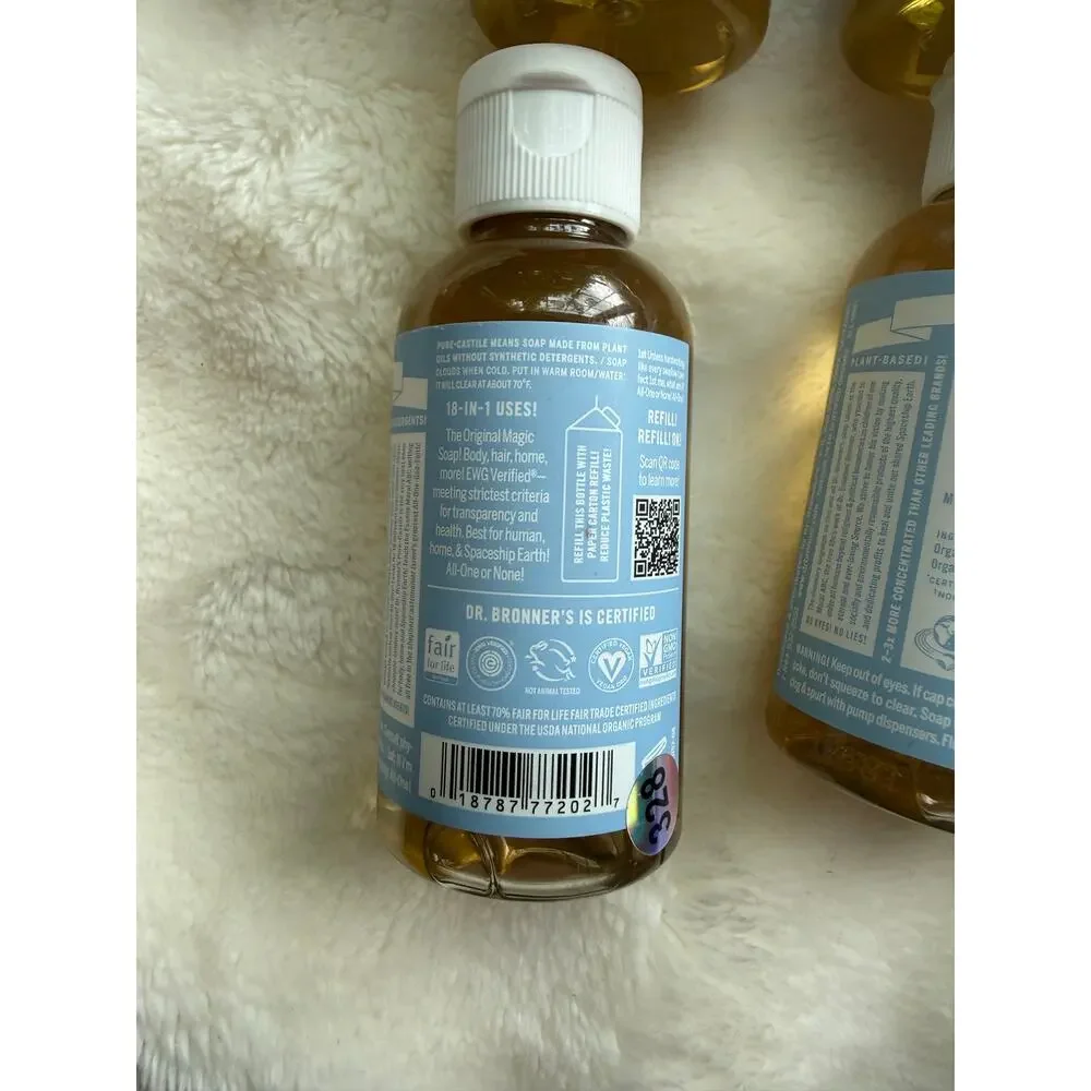 Lot of 6 Dr. Bronner’s Baby Unscented Pure-Castile Magic Soap 2 oz Travel Size